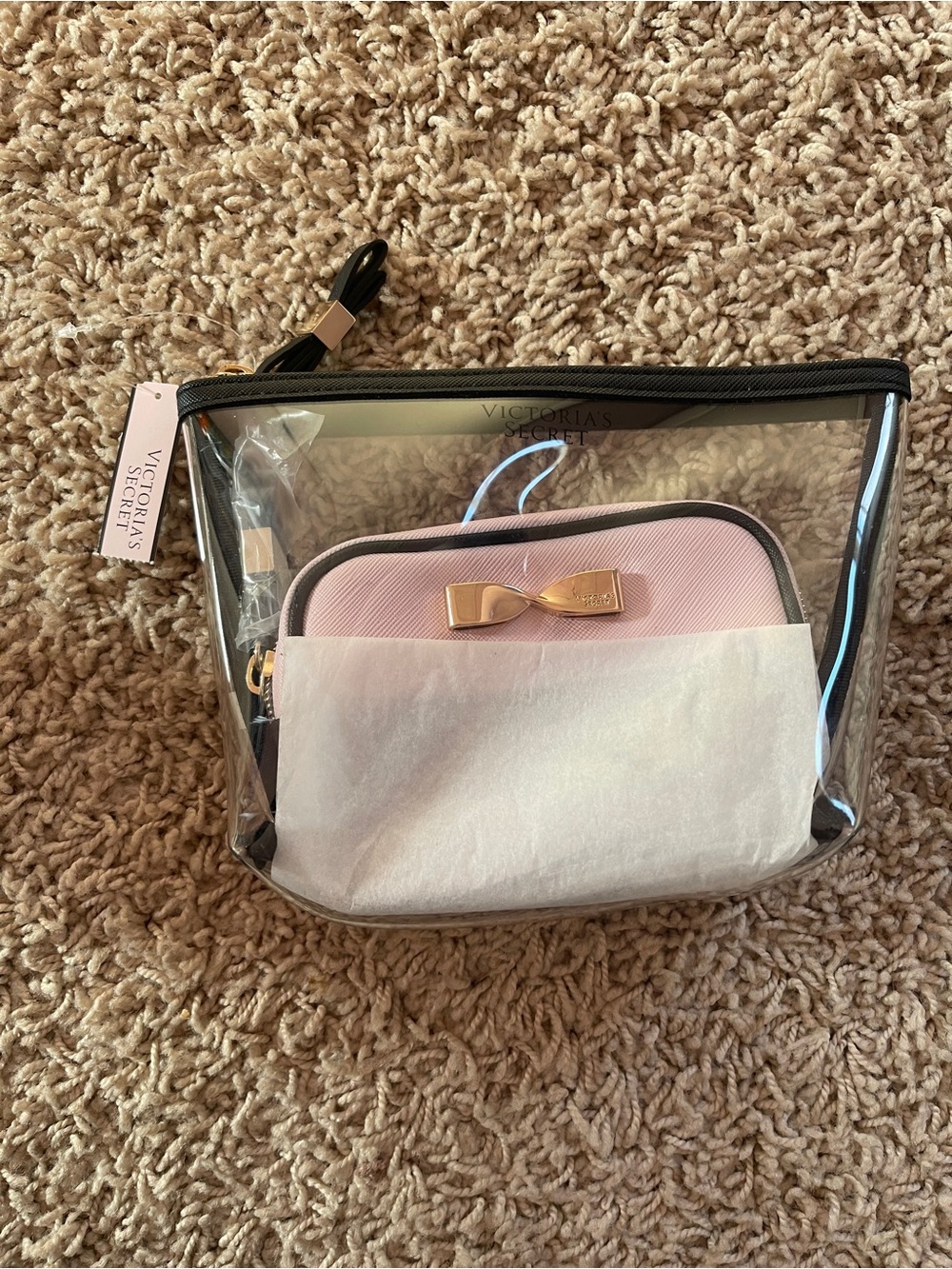 NWT Victoria’s Secret Clear & Pink/Black 2 Piece Makeup Travel Bag Set